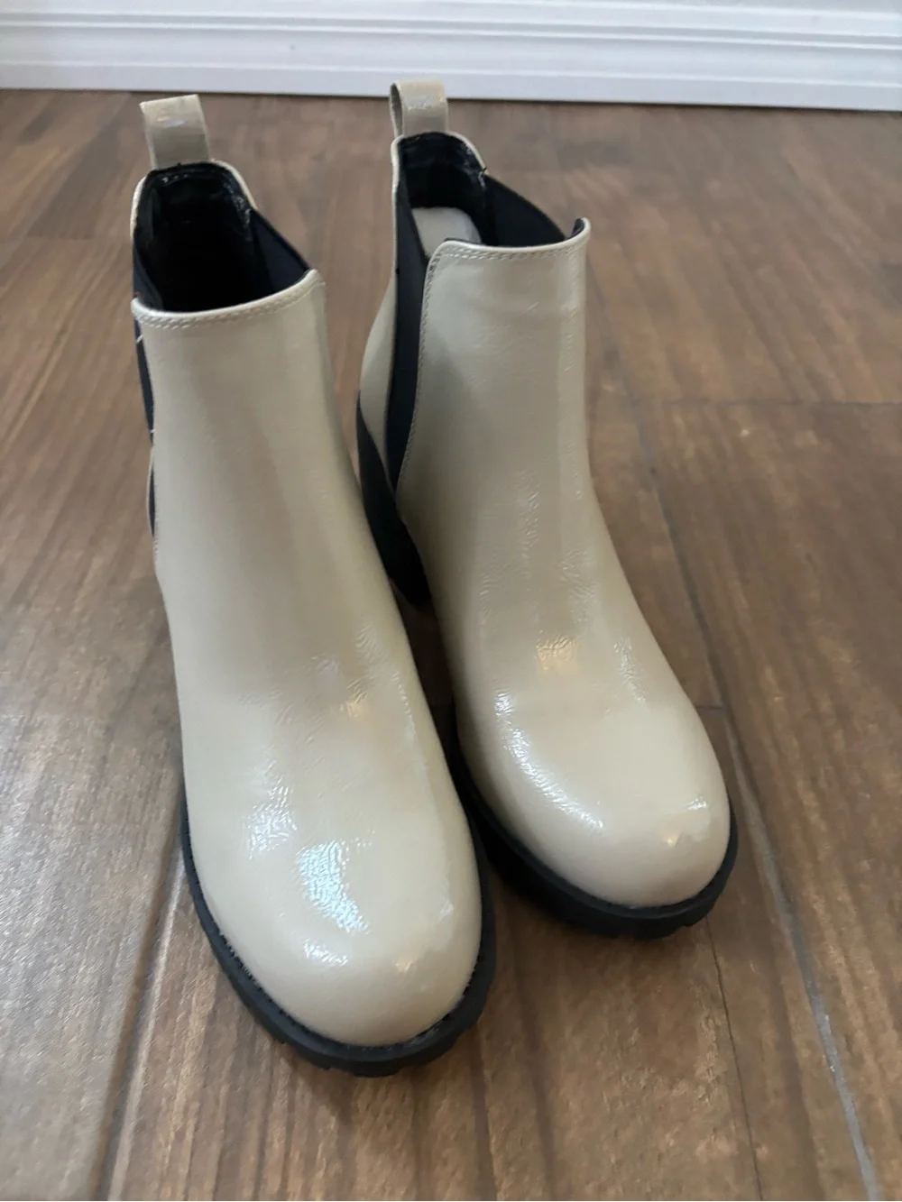Dirty Laundry Cream Patent Chelsea Booties with Black Sole
